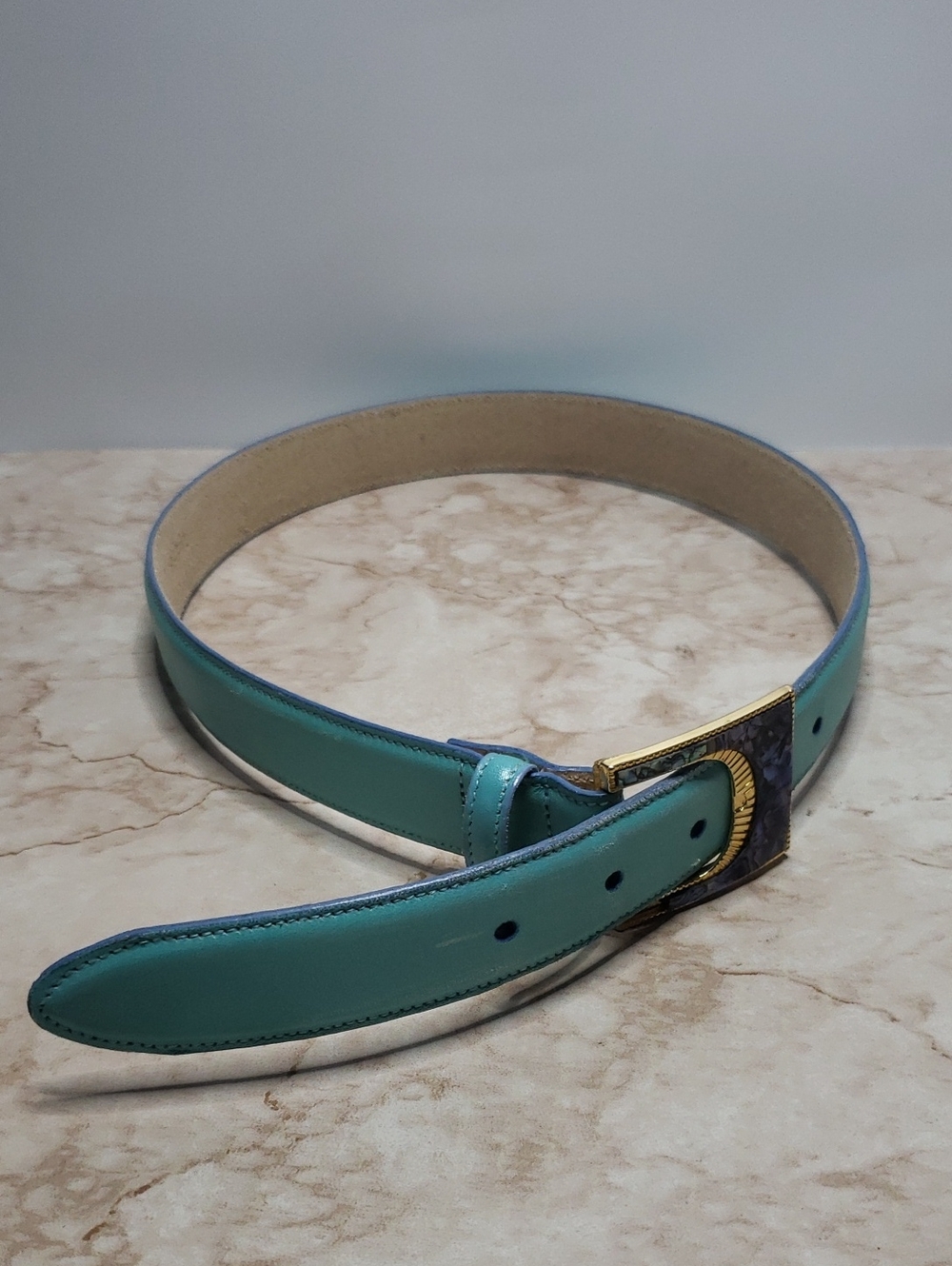 Carlisle Teal Leather Women's Belt with Gold-Tone And Abalone Shell Buckle